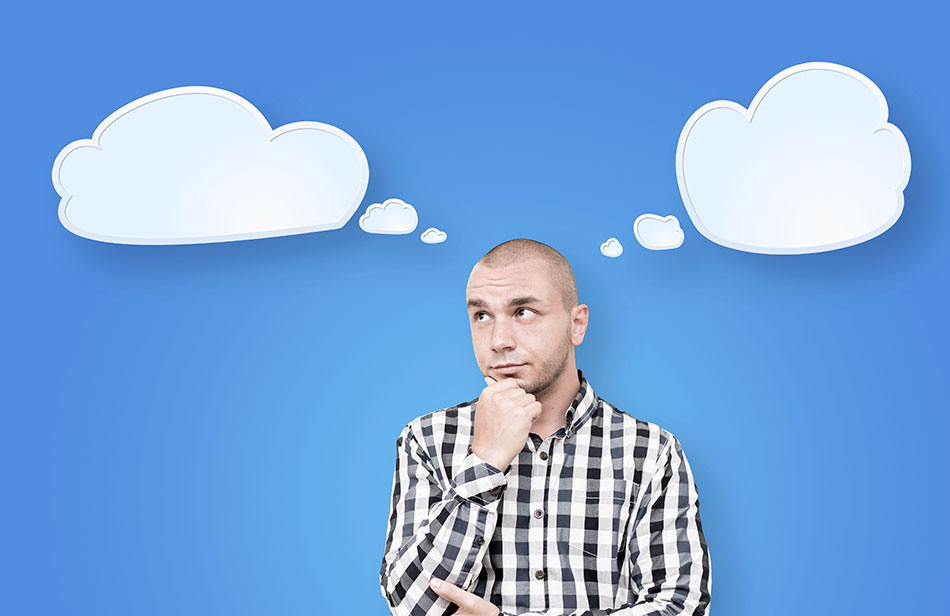 man wondering “should I get contacts?”, white clouds, blue background