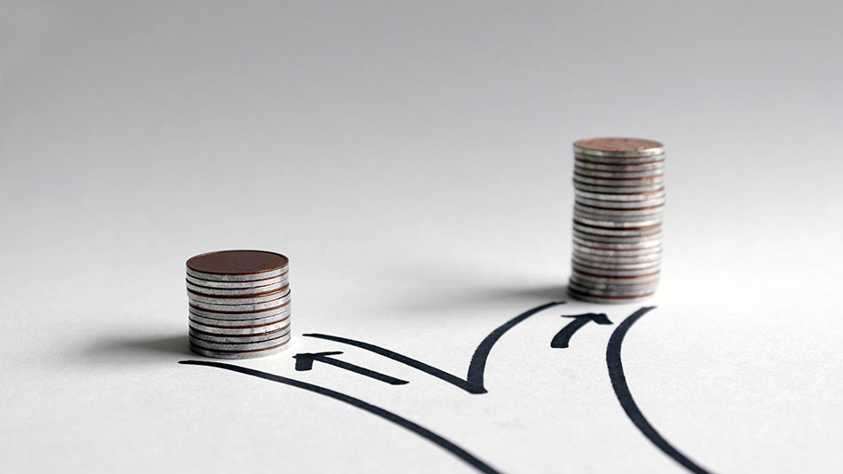 two stacks of coins on drawn diverging path